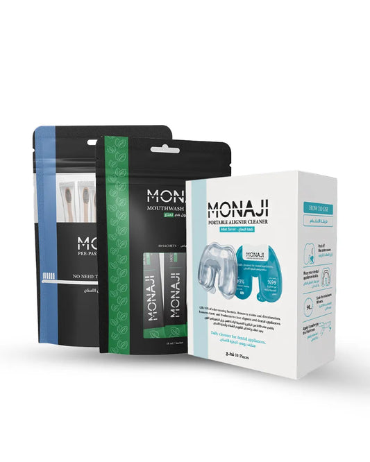Monaji Starter Kit 1 Prepasted Brush Pack + 1 Mouthwash Pack + 1 Aligner Cleaner Box
